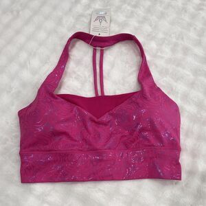 NWT Crowned Athletics Pink Rose Floral Sports Bra M Crossback Wireless Logo Sz M